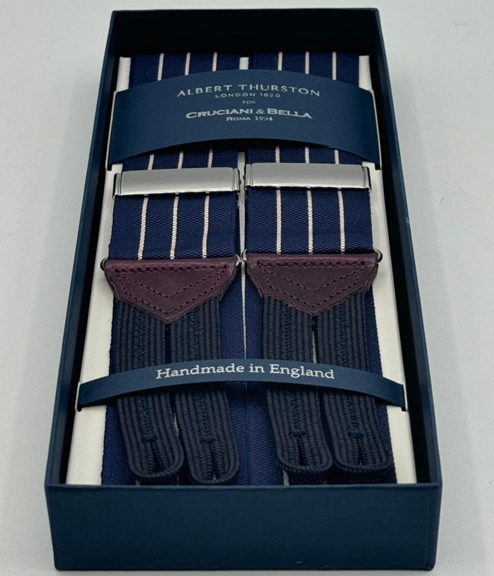 Albert Thurston for Cruciani &amp; Bella Made in England Adjustable Sizing 40 mm Woven Barathea&nbsp; Blue and Beige Stripes&nbsp; Motif&nbsp; Braces Y-Shaped Nickel Fittings MULTIFIT