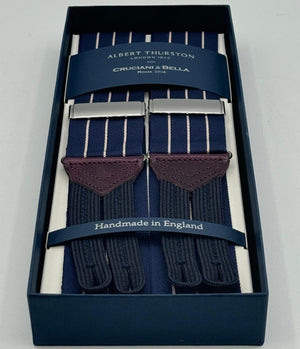 Albert Thurston for Cruciani &amp; Bella Made in England Adjustable Sizing 40 mm Woven Barathea&nbsp; Blue and Beige Stripes&nbsp; Motif&nbsp; Braces Y-Shaped Nickel Fittings MULTIFIT