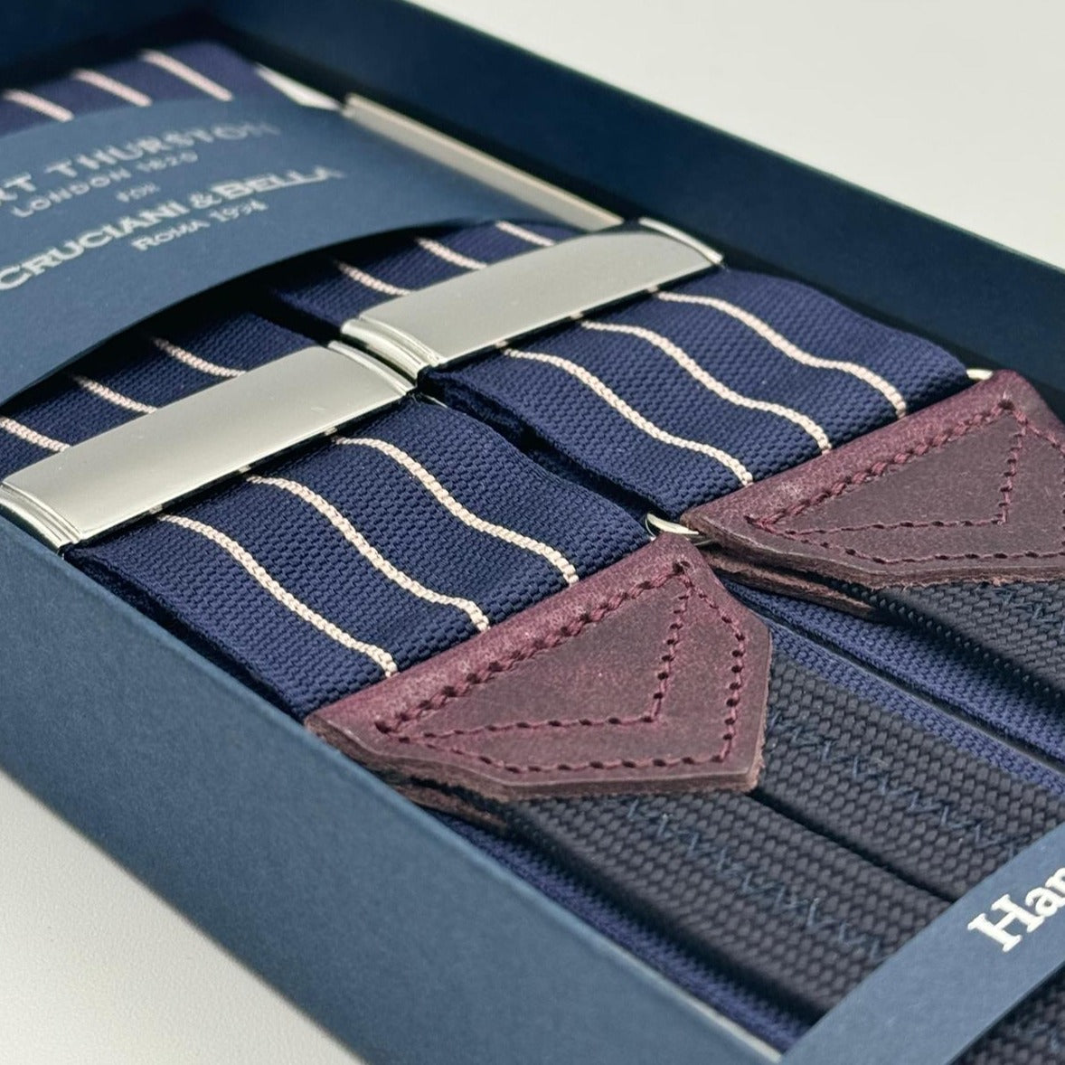 Albert Thurston for Cruciani &amp; Bella Made in England Adjustable Sizing 40 mm Woven Barathea&nbsp; Blue and Beige Stripes&nbsp; Motif&nbsp; Braces Y-Shaped Nickel Fittings MULTIFIT