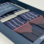 Albert Thurston for Cruciani &amp; Bella Made in England Adjustable Sizing 40 mm Woven Barathea&nbsp; Blue and Beige Stripes&nbsp; Motif&nbsp; Braces Y-Shaped Nickel Fittings MULTIFIT