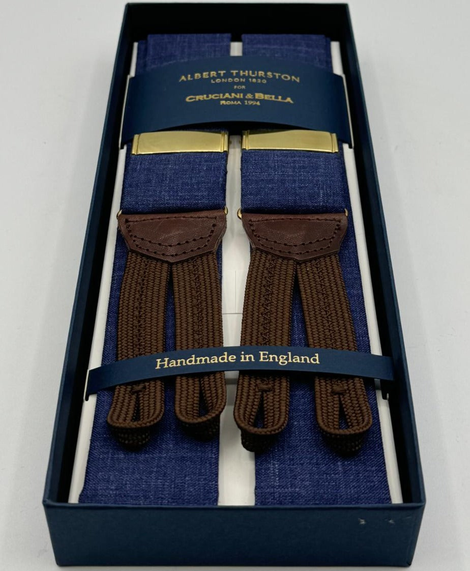 Albert Thurston for Cruciani &amp; Bella Made in England Adjustable Sizing 35 mm&nbsp; Braces Azure Blue Plain Braces Braid ends Y-Shaped Gold Fittings Size: MULTIFIT
