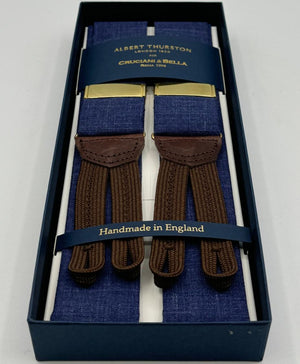 Albert Thurston for Cruciani &amp; Bella Made in England Adjustable Sizing 35 mm&nbsp; Braces Azure Blue Plain Braces Braid ends Y-Shaped Gold Fittings Size: MULTIFIT
