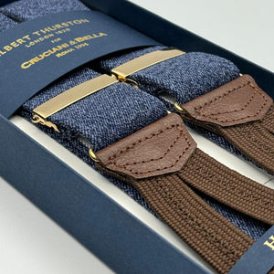 Albert Thurston for Cruciani &amp; Bella Made in England Adjustable Sizing 35 mm Elastic Braces Blue Melange Plain Braid ends Y-Shaped Gold Fittings Size: MULTIFIT