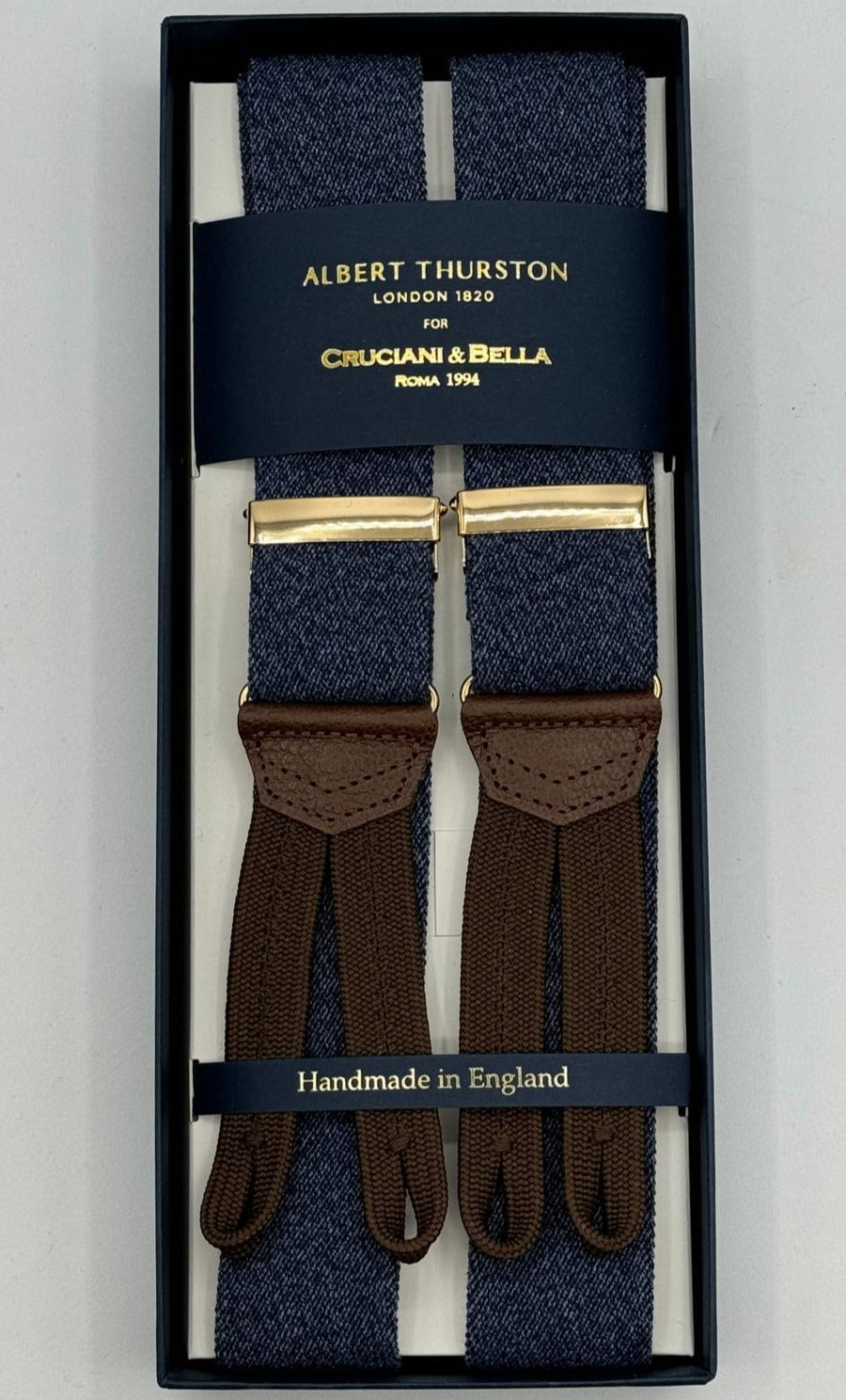 Albert Thurston for Cruciani &amp; Bella Made in England Adjustable Sizing 35 mm Elastic Braces Blue Melange Plain Braid ends Y-Shaped Gold Fittings Size: MULTIFIT
