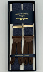 Albert Thurston for Cruciani &amp; Bella Made in England Adjustable Sizing 35 mm Elastic Braces Blue Melange Plain Braid ends Y-Shaped Gold Fittings Size: MULTIFIT