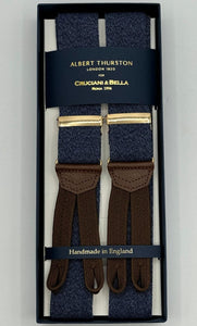 Albert Thurston for Cruciani &amp; Bella Made in England Adjustable Sizing 35 mm Elastic Braces Blue Melange Plain Braid ends Y-Shaped Gold Fittings Size: MULTIFIT