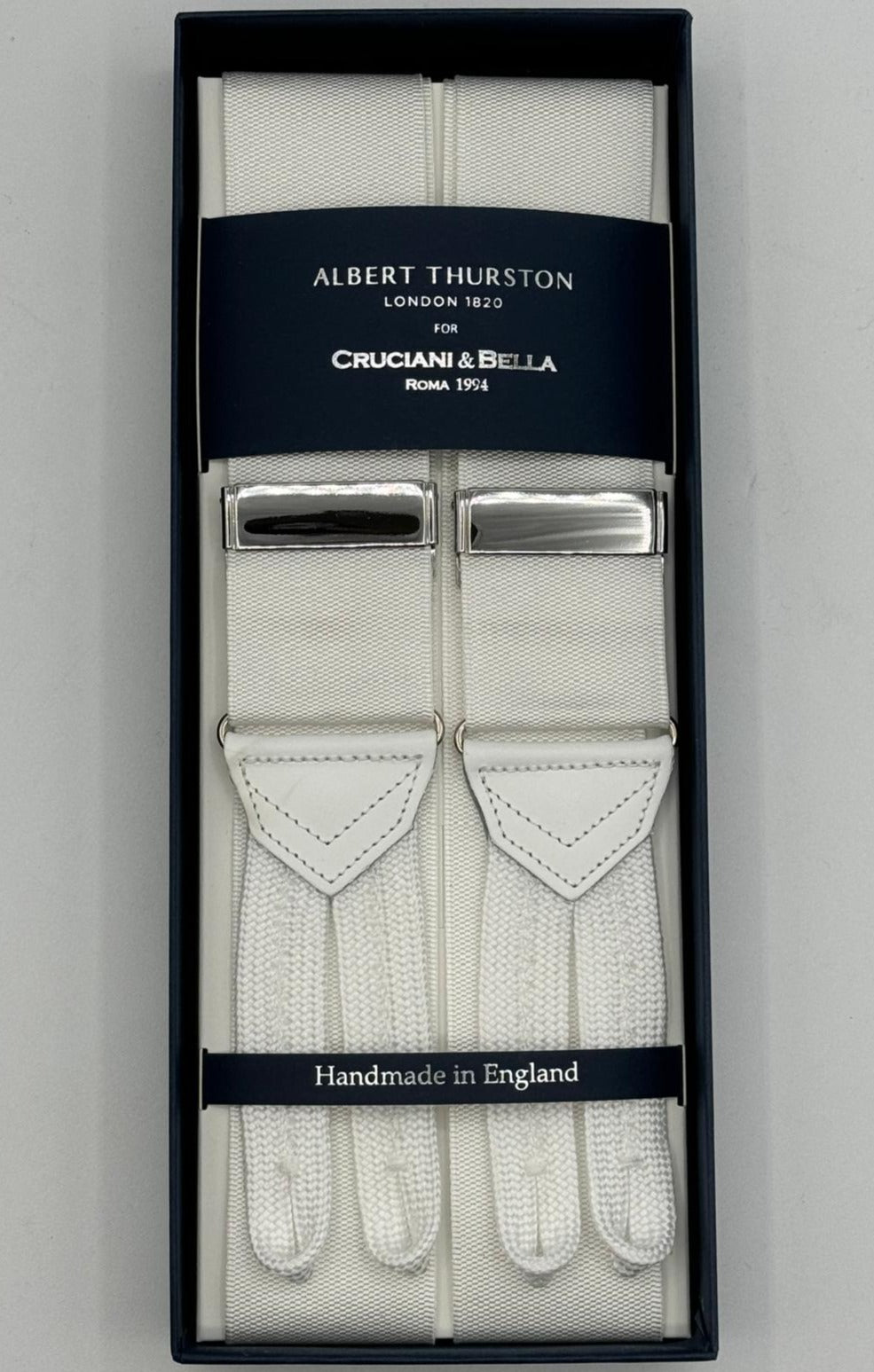 Albert Thurston for Cruciani &amp; Bella Made in England Adjustable Sizing 40 mm Woven Barathea&nbsp; White plain Braces Braid ends Y-Shaped Nickel Fittings Size: MULTIFIT