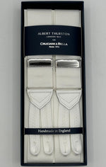 Albert Thurston for Cruciani &amp; Bella Made in England Adjustable Sizing 40 mm Woven Barathea&nbsp; White plain Braces Braid ends Y-Shaped Nickel Fittings Size: MULTIFIT