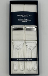 Albert Thurston for Cruciani &amp; Bella Made in England Adjustable Sizing 40 mm Woven Barathea&nbsp; White plain Braces Braid ends Y-Shaped Nickel Fittings Size: MULTIFIT