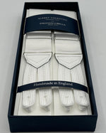 Albert Thurston for Cruciani &amp; Bella Made in England Adjustable Sizing 40 mm Woven Barathea&nbsp; White plain Braces Braid ends Y-Shaped Nickel Fittings Size: MULTIFIT