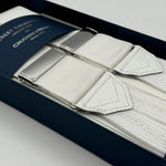 Albert Thurston for Cruciani &amp; Bella Made in England Adjustable Sizing 40 mm Woven Barathea&nbsp; White plain Braces Braid ends Y-Shaped Nickel Fittings Size: MULTIFIT