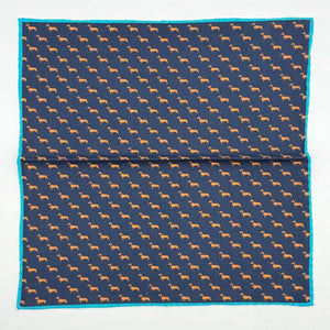 Cruciani &amp; Bella
Hand-rolled&nbsp;&nbsp;

100% Wool
Blue, Brick, Turquoise
Double Faces
Basset Hound and Paisley Motif&nbsp; Pocket Square
Handmade in Italy

33 cm X 33 cm