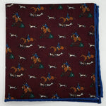 Cruciani &amp; Bella
Hand-rolled&nbsp;&nbsp;

100% Wool
Red Wine, Brown, Blue, Green and White
Double Faces
Horses and Paisley Motif&nbsp; Pocket Square
Handmade in Italy

33 cm X 33 cm