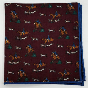 Cruciani &amp; Bella
Hand-rolled&nbsp;&nbsp;

100% Wool
Red Wine, Brown, Blue, Green and White
Double Faces
Horses and Paisley Motif&nbsp; Pocket Square
Handmade in Italy

33 cm X 33 cm