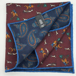Cruciani &amp; Bella
Hand-rolled&nbsp;&nbsp;

100% Wool
Red Wine, Brown, Blue, Green and White
Double Faces
Horses and Paisley Motif&nbsp; Pocket Square
Handmade in Italy

33 cm X 33 cm