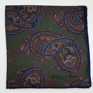 Holliday &amp; Brown for Cruciani &amp; Bella
Hand-rolled&nbsp;&nbsp;

100% Silk
Green, Brown, Blue&nbsp;
Double Faces
Motif&nbsp; Pocket Square
Handmade in Italy

32 cm X 32 cm