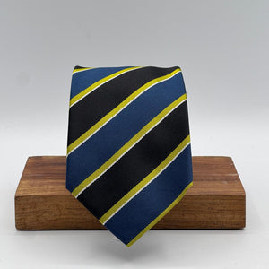 Cruciani &amp; Bella
100% Silk&nbsp;
Woven Jaquard
Self Tipped Tie
Black, Light Blue, Pistachio Green and White Stripes
Handmade in Italy
9cm x 148 cm
New Old Stock