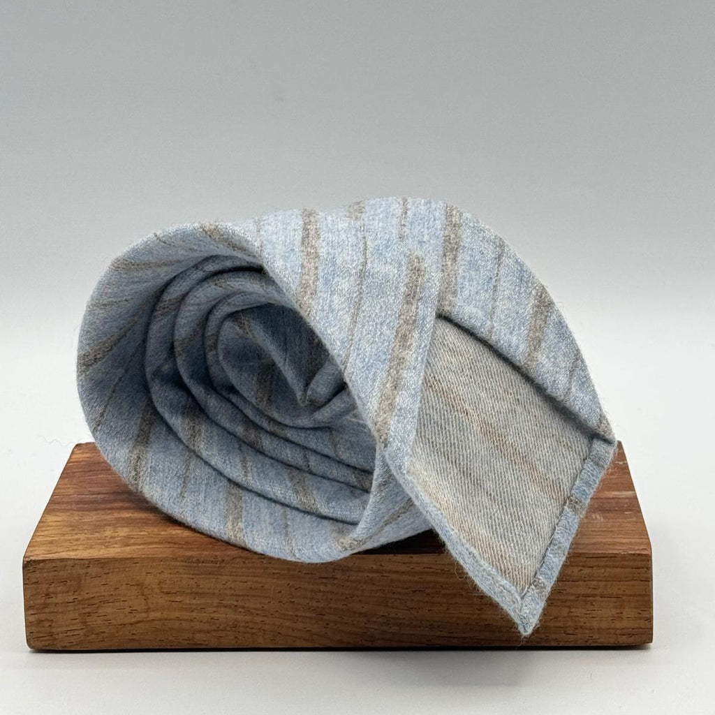 Cruciani &amp; Bella
80% Wool 20% Cashmere
Unlined
Light Blue and Light Brown Tie

Handmade in Italy
9 cm x 148 cm
New Old Stock