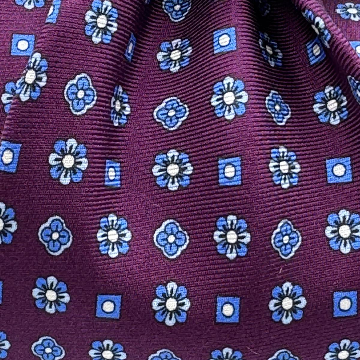 N.O.S. Cruciani & Bella - Printed Silk - Red Wine, Light Blue and White Motif Tie #9313