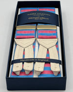 Albert Thurston for Cruciani &amp; Bella
Made in England
Adjustable Sizing
40 mm Woven Barathea&nbsp;
Pink and Azure horizontal Stripes Braces
Braid ends
Y-Shaped
Gold Fittings
Size Multifit Adjustable&nbsp;Length:&nbsp;115cm (= 45 inch) Maximum