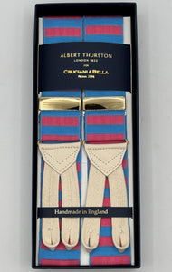 Albert Thurston for Cruciani &amp; Bella
Made in England
Adjustable Sizing
40 mm Woven Barathea&nbsp;
Pink and Azure horizontal Stripes Braces
Braid ends
Y-Shaped
Gold Fittings
Size Multifit Adjustable&nbsp;Length:&nbsp;115cm (= 45 inch) Maximum