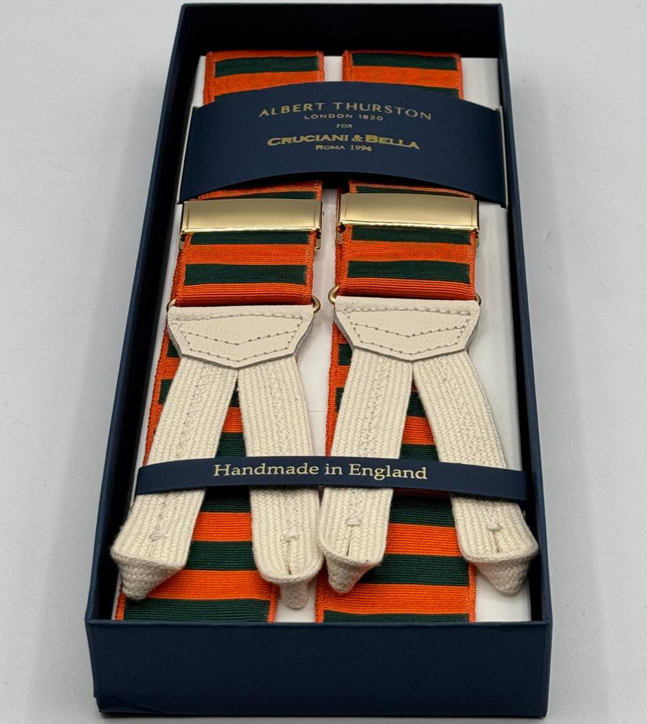 Albert Thurston for Cruciani &amp; Bella
Made in England
Adjustable Sizing
40 mm Woven Barathea&nbsp;
Orange and Green horizontal Stripes Braces
Braid ends
Y-Shaped
Gold Fittings
Size Multifit Adjustable&nbsp;Length:&nbsp;115cm (= 45 inch) Maximum