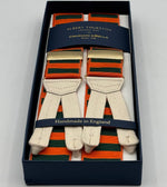 Albert Thurston for Cruciani &amp; Bella
Made in England
Adjustable Sizing
40 mm Woven Barathea&nbsp;
Orange and Green horizontal Stripes Braces
Braid ends
Y-Shaped
Gold Fittings
Size Multifit Adjustable&nbsp;Length:&nbsp;115cm (= 45 inch) Maximum