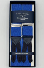 Albert Thurston for Cruciani &amp; Bella
Made in England
Adjustable Sizing
40 mm Woven Barathea
Royal Blue Moirè Plain Color Braces
Braid ends
Y-Shaped
Nickel Fittings
Size Multifit Adjustable&nbsp;Length:&nbsp;115cm (= 45 inch) Maximum