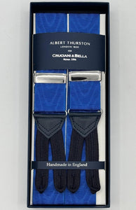 Albert Thurston for Cruciani &amp; Bella
Made in England
Adjustable Sizing
40 mm Woven Barathea
Royal Blue Moirè Plain Color Braces
Braid ends
Y-Shaped
Nickel Fittings
Size Multifit Adjustable&nbsp;Length:&nbsp;115cm (= 45 inch) Maximum