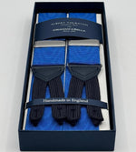 Albert Thurston for Cruciani &amp; Bella
Made in England
Adjustable Sizing
40 mm Woven Barathea
Royal Blue Moirè Plain Color Braces
Braid ends
Y-Shaped
Nickel Fittings
Size Multifit Adjustable&nbsp;Length:&nbsp;115cm (= 45 inch) Maximum