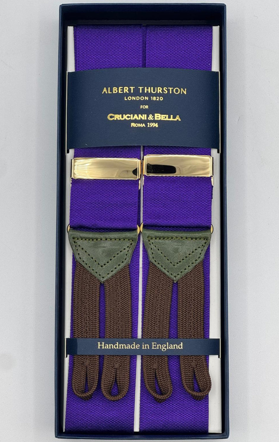 Albert Thurst
on for Cruciani &amp; Bella
Made in England

40 mm Woven Barathea&nbsp;
Purple braces
Braid ends
Y-Shaped
Gold Fittings
Size Multifit Adjustable&nbsp;Length:&nbsp;115cm (= 45 inch) Maximum