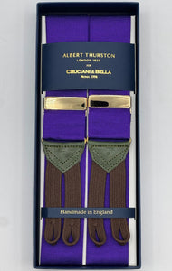 Albert Thurst
on for Cruciani &amp; Bella
Made in England

40 mm Woven Barathea&nbsp;
Purple braces
Braid ends
Y-Shaped
Gold Fittings
Size Multifit Adjustable&nbsp;Length:&nbsp;115cm (= 45 inch) Maximum