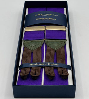 Albert Thurst
on for Cruciani &amp; Bella
Made in England

40 mm Woven Barathea&nbsp;
Purple braces
Braid ends
Y-Shaped
Gold Fittings
Size Multifit Adjustable&nbsp;Length:&nbsp;115cm (= 45 inch) Maximum