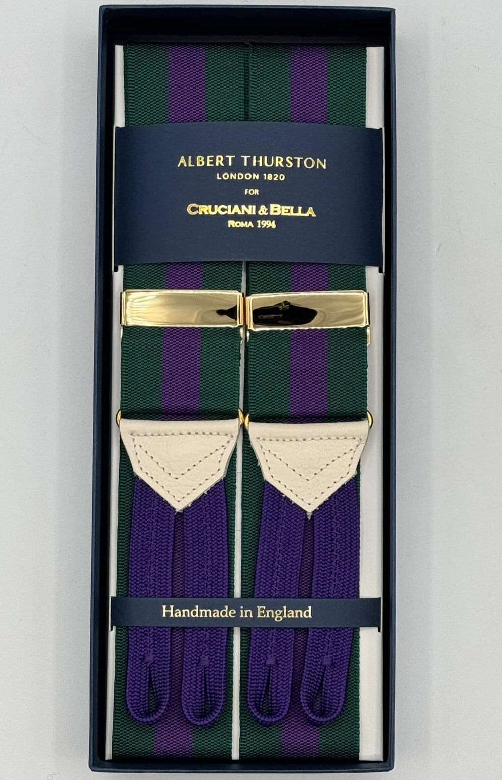 Albert Thurston for Cruciani &amp; Bella
Made in England
Adjustable Sizing
40 mm Woven Barathea&nbsp;
Green and Purple Stripes Braces
Braid ends
Y-Shaped
Gold Fittings
Size Multifit Adjustable&nbsp;Length:&nbsp;115cm (= 45 inch) Maximum