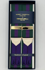 Albert Thurston for Cruciani &amp; Bella
Made in England
Adjustable Sizing
40 mm Woven Barathea&nbsp;
Green and Purple Stripes Braces
Braid ends
Y-Shaped
Gold Fittings
Size Multifit Adjustable&nbsp;Length:&nbsp;115cm (= 45 inch) Maximum