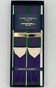 Albert Thurston for Cruciani &amp; Bella
Made in England
Adjustable Sizing
40 mm Woven Barathea&nbsp;
Green and Purple Stripes Braces
Braid ends
Y-Shaped
Gold Fittings
Size Multifit Adjustable&nbsp;Length:&nbsp;115cm (= 45 inch) Maximum