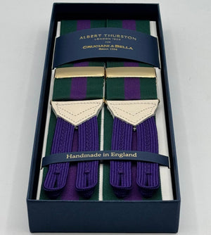 Albert Thurston for Cruciani &amp; Bella
Made in England
Adjustable Sizing
40 mm Woven Barathea&nbsp;
Green and Purple Stripes Braces
Braid ends
Y-Shaped
Gold Fittings
Size Multifit Adjustable&nbsp;Length:&nbsp;115cm (= 45 inch) Maximum