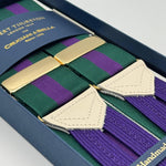 Albert Thurston for Cruciani &amp; Bella
Made in England
Adjustable Sizing
40 mm Woven Barathea&nbsp;
Green and Purple Stripes Braces
Braid ends
Y-Shaped
Gold Fittings
Size Multifit Adjustable&nbsp;Length:&nbsp;115cm (= 45 inch) Maximum