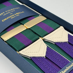 Albert Thurston for Cruciani &amp; Bella
Made in England
Adjustable Sizing
40 mm Woven Barathea&nbsp;
Green and Purple Stripes Braces
Braid ends
Y-Shaped
Gold Fittings
Size Multifit Adjustable&nbsp;Length:&nbsp;115cm (= 45 inch) Maximum