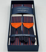 Albert Thurston for Cruciani &amp; Bella
Made in England
Adjustable Sizing
40 mm Woven Barathea&nbsp;
Blue and Buned Orange Stripes Braces
Braid ends
Y-Shaped
Nickel Fittings
Size Multifit Adjustable&nbsp;Length:&nbsp;115cm (= 45 inch) Maximum