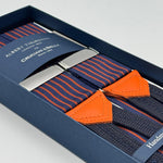 Albert Thurston for Cruciani &amp; Bella
Made in England
Adjustable Sizing
40 mm Woven Barathea&nbsp;
Blue and Buned Orange Stripes Braces
Braid ends
Y-Shaped
Nickel Fittings
Size Multifit Adjustable&nbsp;Length:&nbsp;115cm (= 45 inch) Maximum