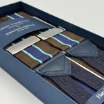 Albert Thurston for Cruciani &amp; Bella
Made in England
Adjustable Sizing
40 mm Woven Barathea&nbsp;
Brown, Blue and Light Blue Stripes&nbsp; Motif&nbsp; Braces
Y-Shaped
Nickel Fittings
Size Multifit Adjustable&nbsp;Length:&nbsp;115cm (= 45 inch) Maximum