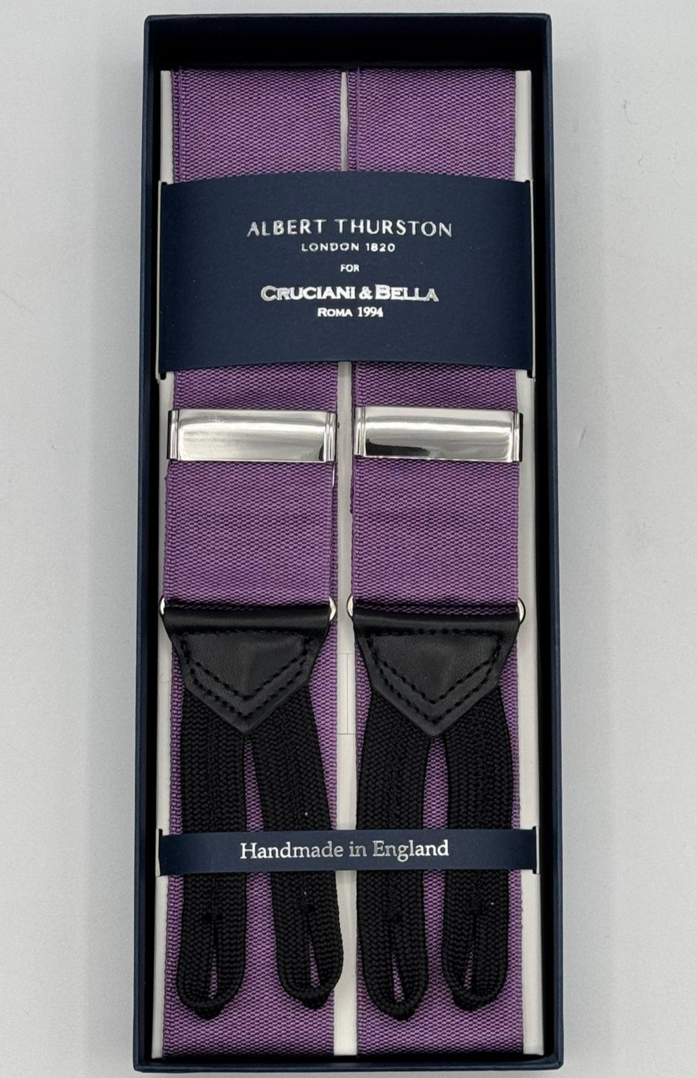 Albert Thurst
on for Cruciani &amp; Bella
Made in England

40 mm Woven Barathea&nbsp;
Amethyst Plain braces
Braid ends
Y-Shaped
Nickel Fittings
Size Multifit Adjustable&nbsp;Length:&nbsp;115cm (= 45 inch) Maximum