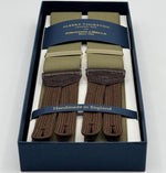 Albert Thurston for Cruciani &amp; Bella
Made in England
Adjustable Sizing
35 mm elastic Khaki plain braces
Braid ends
Y-Shaped
Gold Fittings
Size Multifit Adjustable&nbsp;Length:&nbsp;115cm (= 45 inch) Maximum