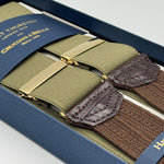 Albert Thurston for Cruciani &amp; Bella
Made in England
Adjustable Sizing
35 mm elastic Khaki plain braces
Braid ends
Y-Shaped
Gold Fittings
Size Multifit Adjustable&nbsp;Length:&nbsp;115cm (= 45 inch) Maximum