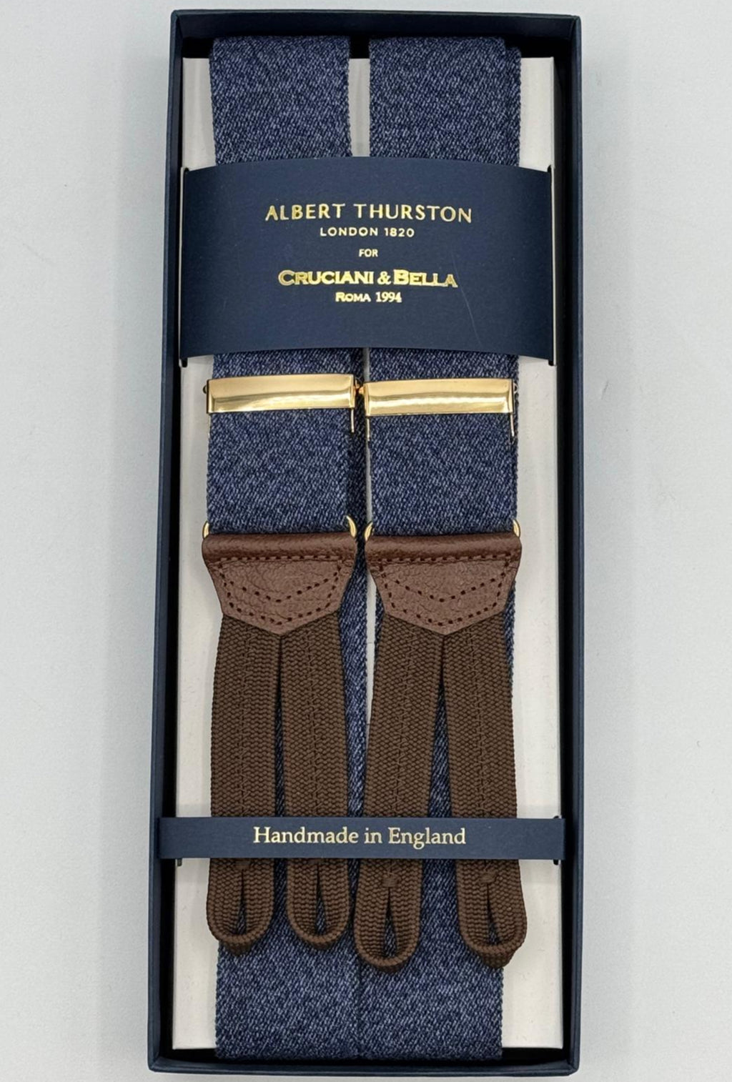 Albert Thurston for Cruciani &amp; Bella
Made in England
Adjustable Sizing
35 mm Elastic Braces
Blue Melange Plain
Braid ends
Y-Shaped
Gold Fittings
Size: MULTIFIT