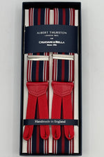 Albert Thurston for Cruciani &amp; Bella
Made in England
Adjustable Sizing
35 mm elastic&nbsp; braces
Red and Light Blue Stripes braces
Braid ends
Y-Shaped
Nickel Fittings
Size Multifit Adjustable&nbsp;Length:&nbsp;115cm (= 45 inch) Maximum