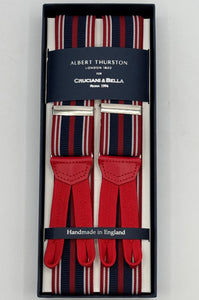 Albert Thurston for Cruciani &amp; Bella
Made in England
Adjustable Sizing
35 mm elastic&nbsp; braces
Red and Light Blue Stripes braces
Braid ends
Y-Shaped
Nickel Fittings
Size Multifit Adjustable&nbsp;Length:&nbsp;115cm (= 45 inch) Maximum