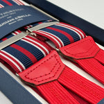 Albert Thurston for Cruciani &amp; Bella
Made in England
Adjustable Sizing
35 mm elastic&nbsp; braces
Red and Light Blue Stripes braces
Braid ends
Y-Shaped
Nickel Fittings
Size Multifit Adjustable&nbsp;Length:&nbsp;115cm (= 45 inch) Maximum