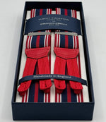Albert Thurston for Cruciani &amp; Bella
Made in England
Adjustable Sizing
35 mm elastic&nbsp; braces
Red and Light Blue Stripes braces
Braid ends
Y-Shaped
Nickel Fittings
Size Multifit Adjustable&nbsp;Length:&nbsp;115cm (= 45 inch) Maximum